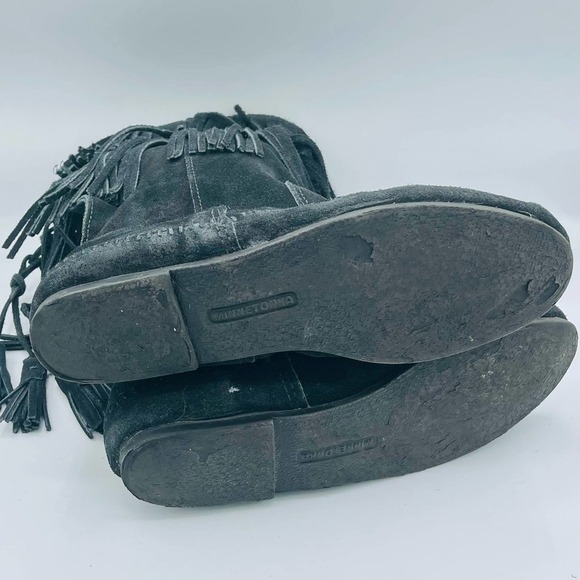 Minnetonka 2-Layer Fringe Boot Size 7 Women's Black Suede Moccasin Boho 1689 - Picture 10 of 10